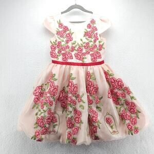 Disney Princess Belle Inspired Floral Embroidered Dress Pink Peach 7/8